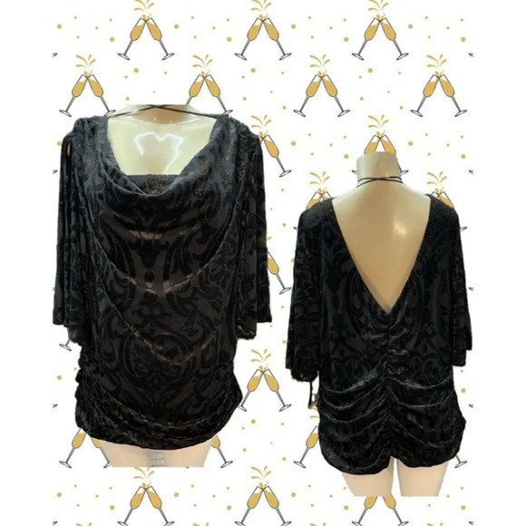 R & M Richards Plus 2X Black Metallic Flocked Draped Neck Cold Shoulder Blouse - Picture 1 of 6